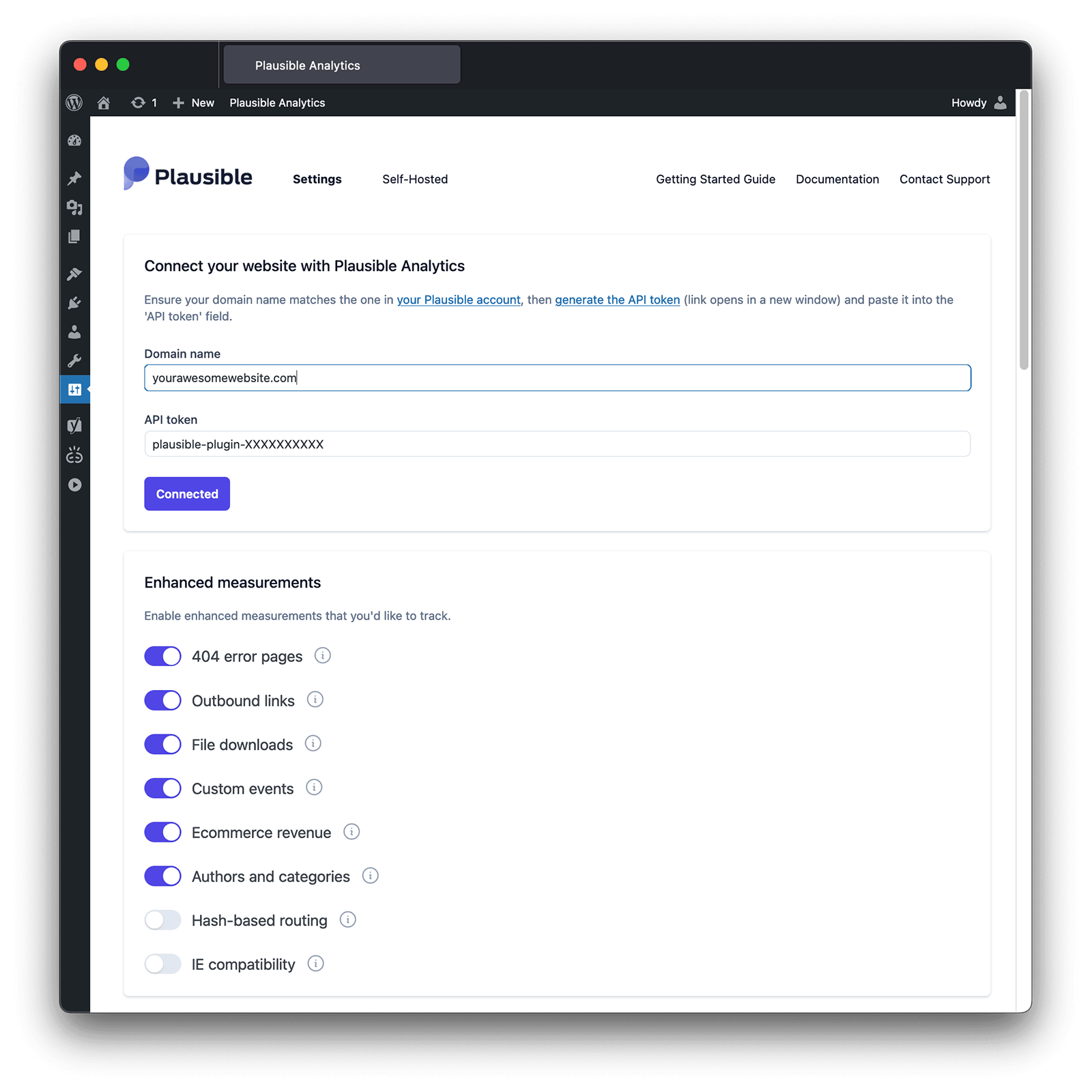 Plausible Analytics WordPress plugin settings